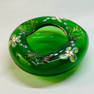 Bohemian Vintage Art Glass Czech Green Trinket Gold Trim Hand-Painted Flowers